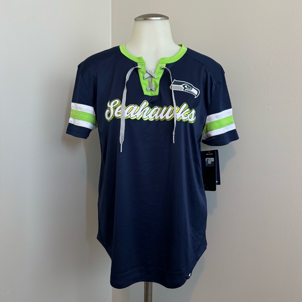 Seattle Seahawks Navy Blue and Green Lace Up Wilson Fanatics Jersey